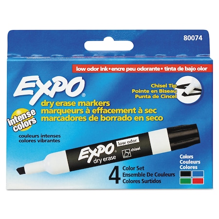 Expo Low-Odor Dry-Erase Marker, Broad Chisel Tip, Assorted Colors, PK4 80074